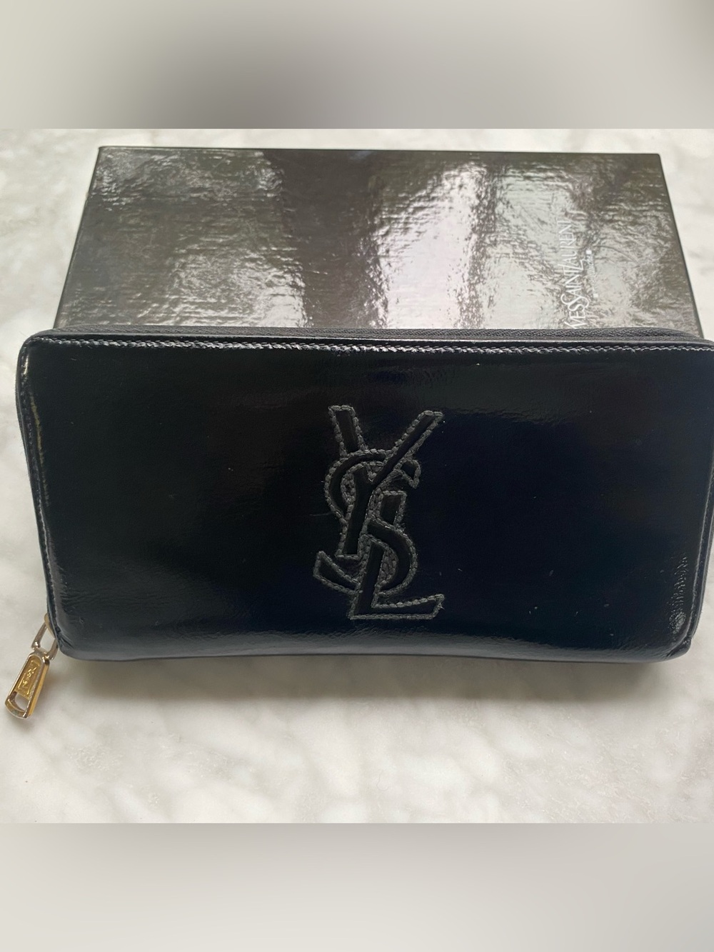 Yves Saint Laurent Black Patent Leather Zip-Around Wallet with Embossed YSL